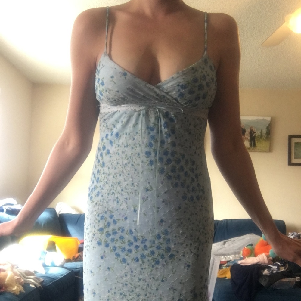 pale blue floral spaghetti strap dress